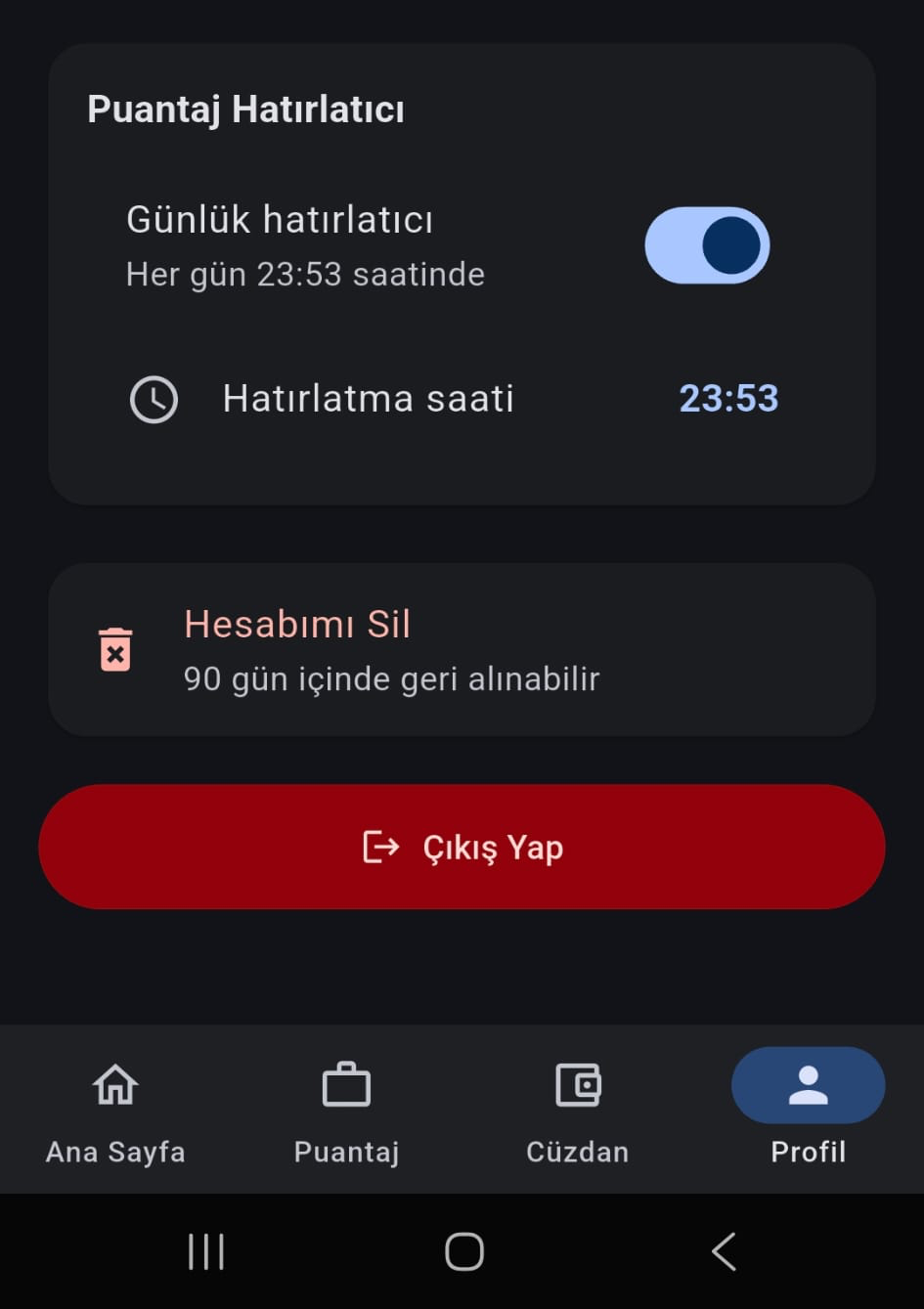 DayPay Profile screen – Delete Account option