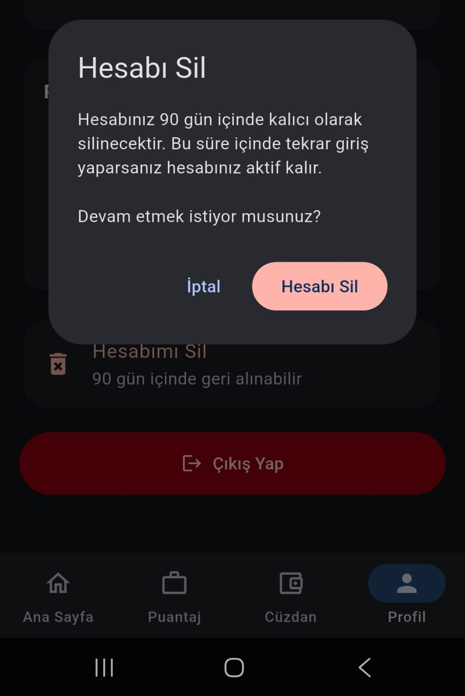 DayPay Delete Account confirmation dialog